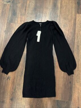 Aqua Cashmere Black Ribbed Puff-Sleeve Long-Sleeve Dress size xs nwt
